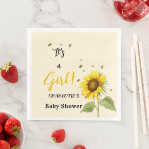 Servilleta De Papel De Cena ¡Es una niña! Acuarela de girasol con mariposas