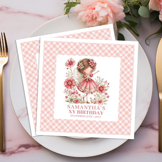 Servilleta De Papel De Cena Fairy Girl 1st Birthday Magical Pink Floral napkin (Fairy Girl 1st Birthday Magical Pink Floral napkins)