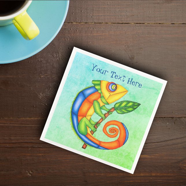 Servilleta De Papel De Cena Fantasía vibrante Sonriente Lizard Leaf Azul Verde (Smiling lizard vibrant colours holding leave on blue green mixed paper party napkins.)