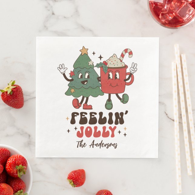 Servilleta De Papel De Cena Feelin' Jolly Navidades Holidays Funny Retro Name (In situ)
