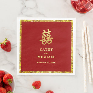 Servilleta De Papel De Cena Felicidad doble corazón boda china formal rojo