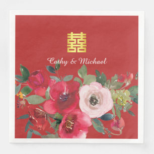 Servilleta De Papel De Cena Felicidad doble floral moderna acuarela rosa roja