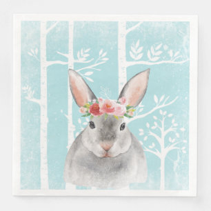 Servilleta De Papel De Cena Feliz animal con flores en Blue Forest-Bunny