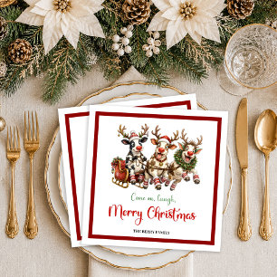 Servilleta De Papel De Cena Feliz día festivo divertida vaca acuarela navidad