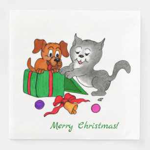 Servilleta De Papel De Cena Feliz Navidad con gato y perro