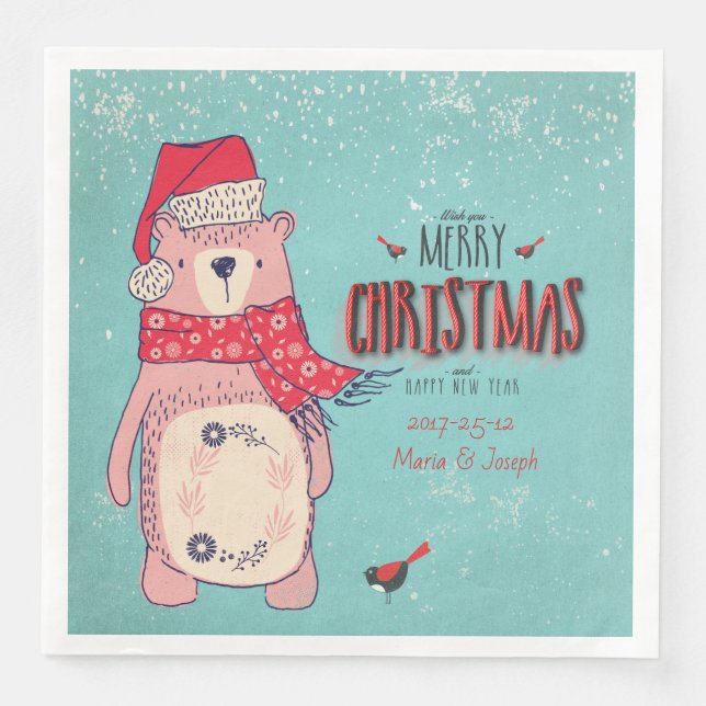 Servilleta De Papel De Cena Feliz Navidad- oso de Navidad y texto editable sob (Anverso)