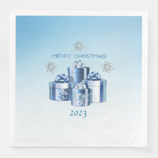 Servilleta De Papel De Cena Feliz Navidad Plata y Blue Presents & Snowflake