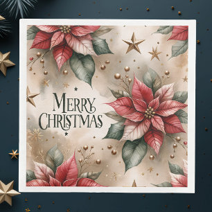 Servilleta De Papel De Cena Feliz Navidad, Poinsettia Roja y Gold