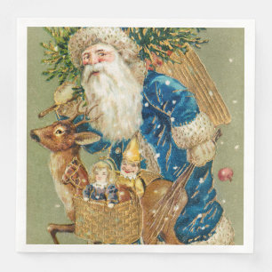Servilleta De Papel De Cena Feliz Navidad, Tarjeta Antigüa, Santa y Reno