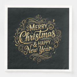 Servilleta De Papel De Cena Feliz Navidad y Feliz Año Nuevo en negro y oro