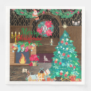Servilleta De Papel De Cena Feliz Papá Noel de Camino a Árbol De Navidad