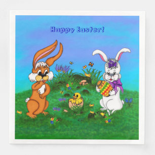 Servilleta De Papel De Cena ¡Feliz Pascua! Conejo con conejo y pollo