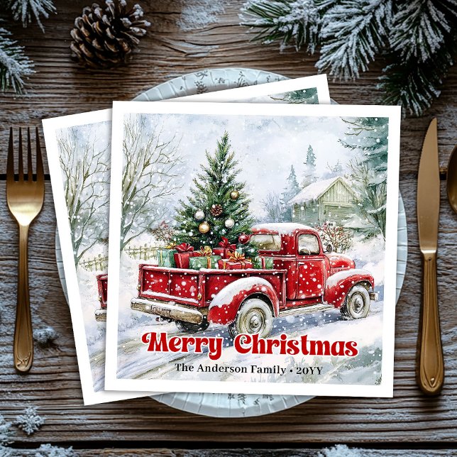 Servilleta De Papel De Cena Festive red truck Christmas scene rustic table  (Festive red truck Christmas scene rustic table Paper Dinner Napkins)