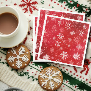 Servilleta De Papel De Cena Fiesta Blanca Navideña de Copos de Nieve Rojo Rubí