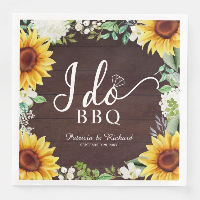 Servilleta De Papel De Cena Fiesta de compromiso I Do BBQ Rustic Sunflowers (Anverso)