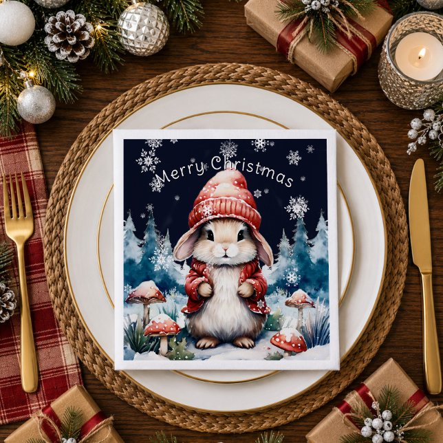 Servilleta De Papel De Cena Fiesta de Conejo de Navidad Caprichosa (Whimsical Christmas Bunny Paper Napkins)