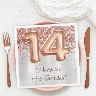 Servilleta De Papel De Cena Fiesta de cumpleaños 14 en rosa oro plata