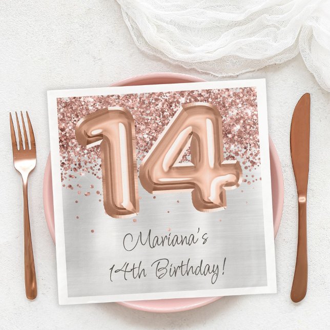 Servilleta De Papel De Cena Fiesta de cumpleaños 14 en rosa oro plata (Subido por el creador)