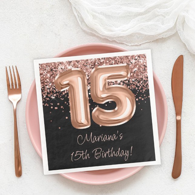 Servilleta De Papel De Cena Fiesta de cumpleaños 15 Rose Gold Black (Subido por el creador)
