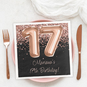 Servilleta De Papel De Cena Fiesta de cumpleaños 17 en rosa oro negro