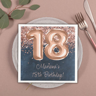 Servilleta De Papel De Cena Fiesta de cumpleaños 18 Rose Gold Navy Blue