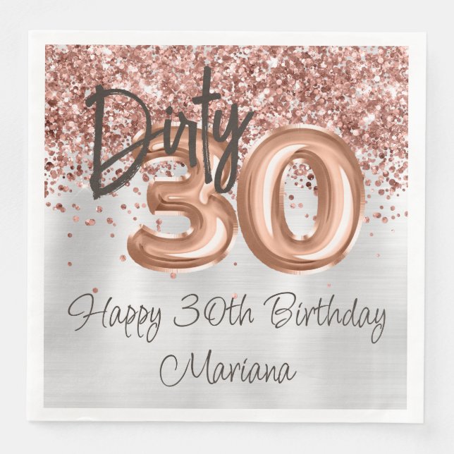 Servilleta De Papel De Cena Fiesta de cumpleaños 30 Rose Gold Silver (Anverso)