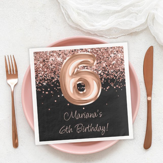 Servilleta De Papel De Cena Fiesta de cumpleaños 6º Rose Gold Black (Subido por el creador)