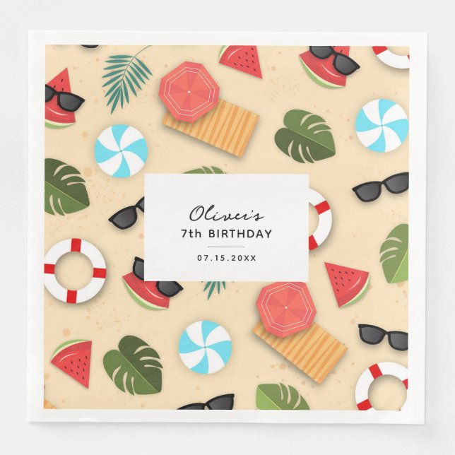 Servilleta De Papel De Cena Fiesta de cumpleaños de verano de Cute Sandy Beach (Anverso)