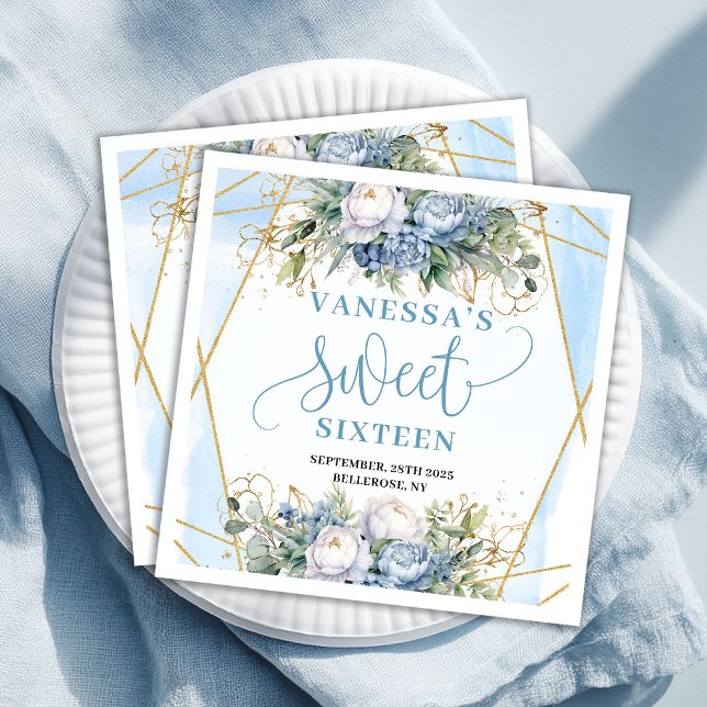 Servilleta De Papel De Cena Fiesta de Cumpleaños Dulces 16 Moderno Dusty Blue  (Modern Sweet 16th Dusty Blue Gold Frame Party Napkin)