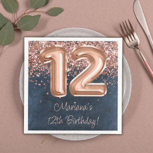 Servilleta De Papel De Cena Fiesta de cumpleaños número 12 de Rose Gold Navy B