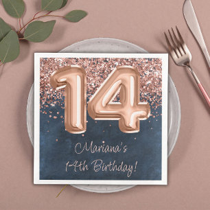 Servilleta De Papel De Cena Fiesta de cumpleaños número 14 de Rose Gold Navy B