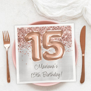 Servilleta De Papel De Cena Fiesta de cumpleaños número 15 de Rose Gold Silver