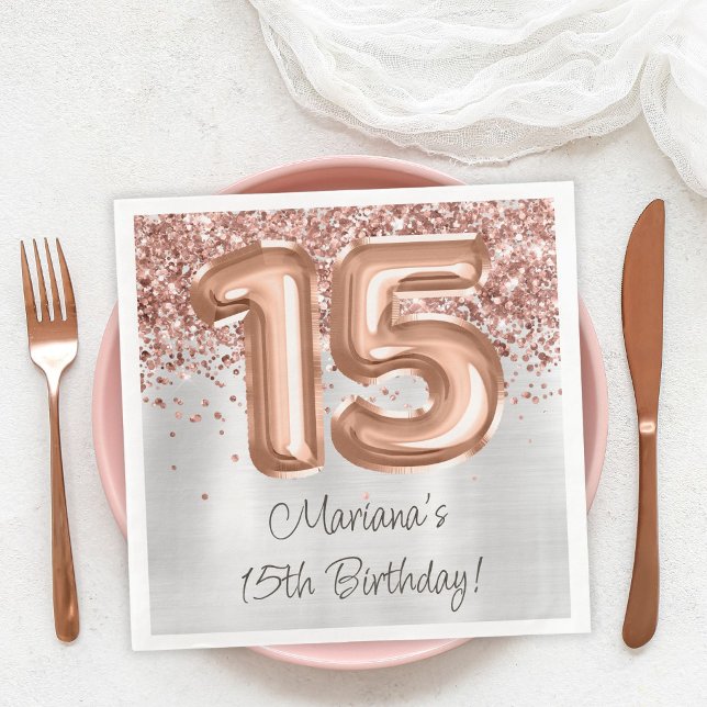 Servilleta De Papel De Cena Fiesta de cumpleaños número 15 de Rose Gold Silver (Subido por el creador)