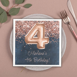 Servilleta De Papel De Cena Fiesta de cumpleaños número 4 Rose Gold Navy Blue