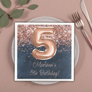 Servilleta De Papel De Cena Fiesta de cumpleaños número 5 de Rose Gold Navy Bl