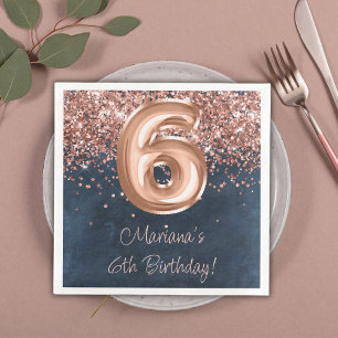 Servilleta De Papel De Cena Fiesta de cumpleaños número 6 Rose Gold Navy Blue