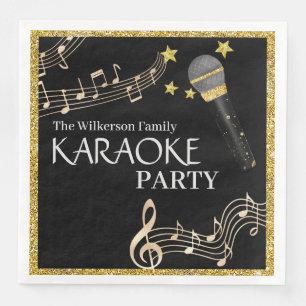 Servilleta De Papel De Cena Fiesta de Karaoke Micrófono Negro Brillo Dorado