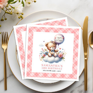 Servilleta De Papel De Cena Fiesta de niña floral con globo de osito de peluch