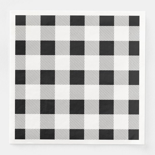 Servilleta De Papel De Cena fiesta de plaid búfalo negro blanco granja rústica (Anverso)