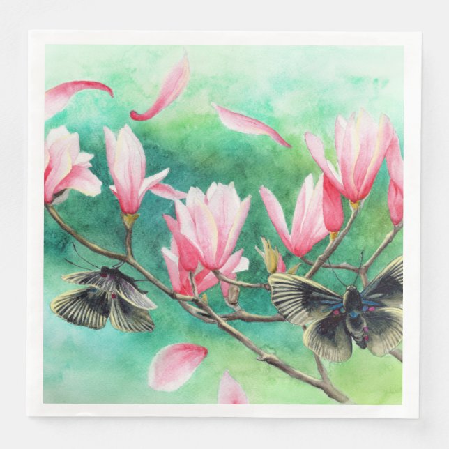 Servilleta De Papel De Cena ¡Fiesta en el Jardín! Mariposas sobre Floral Rosa  (Anverso)