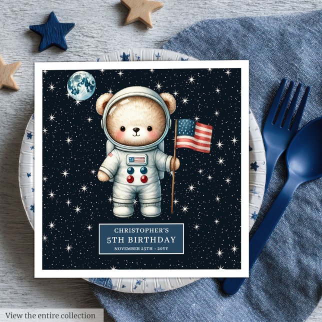 Servilleta De Papel De Cena Fiesta Espacial Personalizado de Teddy Astronauta  (Personalized Teddy Astronaut Napkins Space Party Fun)