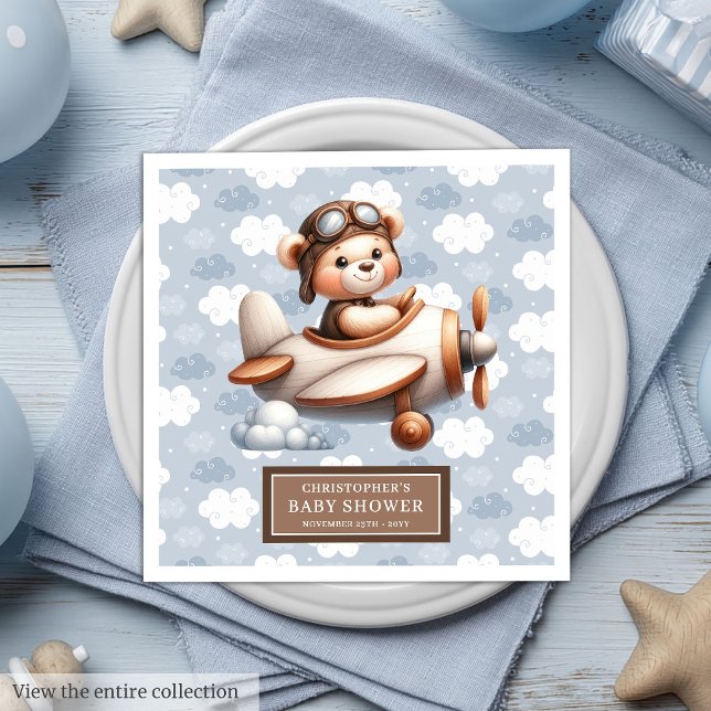 Servilleta De Papel De Cena Fiesta piloto de osito de peluche para bebé person (Personalized Baby Boy Teddy Bear Pilot Party Paper Dinner Napkins)