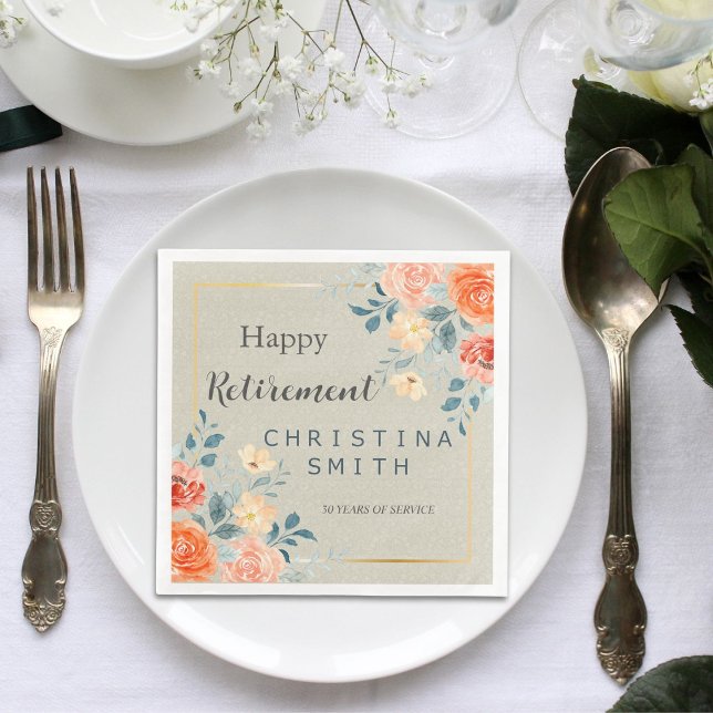 Servilleta De Papel De Cena Fiesta Rústico de Retirada de Acuarela Floral Anti (Rustic Antique Floral Watercolor Retirement Party Paper Dinner Napkins)