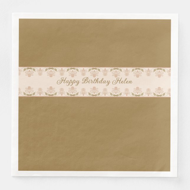 Servilleta De Papel De Cena Floral Rosada Rosa Con Taupe Fancy (Anverso)