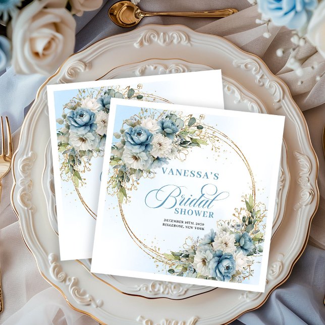 Servilleta De Papel De Cena Florales boho azul pastel eucalipto dorado fiesta (Pastel blue boho florals eucalyptus gold party napkins

)