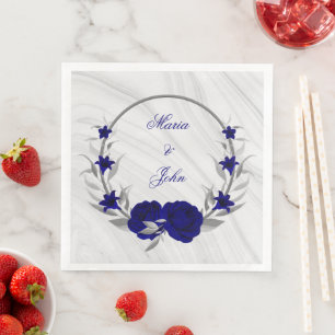 Servilleta De Papel De Cena flores azul real corona hojas de plata mármol