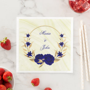 Servilleta De Papel De Cena flores azul real hojas doradas corona mármol
