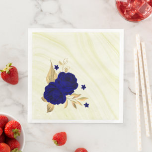 Servilleta De Papel De Cena flores azul real hojas doradas mármol
