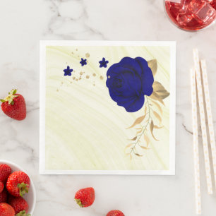 Servilleta De Papel De Cena flores azul real hojas doradas papel mármol cena