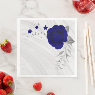 Servilleta De Papel De Cena flores azul real hojas plateadas papel marmol cena